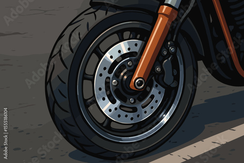 Detailed closeup vector illustration of motorcycle front wheel with shiny disc brake, orange suspension fork, and treaded tire on asphalt road. Realistic mechanical parts, transportation concept
