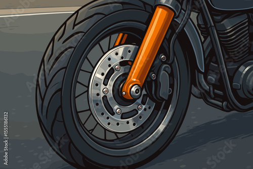 Detailed vector illustration of motorcycle front wheel with shiny disc brake, orange suspension fork, and treaded tire on asphalt road. Realistic mechanical transport concept for automotive design