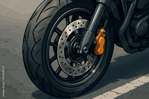 Detailed vector illustration of motorcycle front wheel with metallic disc brake, orange caliper, and treaded tire on asphalt road. Realistic closeup, modern motorbike, transportation concept
