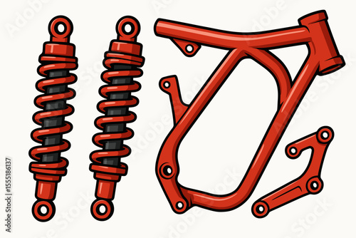 Red Motorcycle Frame and Shock Absorbers Vector Illustration. Suspension Parts, Chassis Components, Mechanical Engineering, Custom Bike Build, Spare Parts, Isolated Cartoon Design
