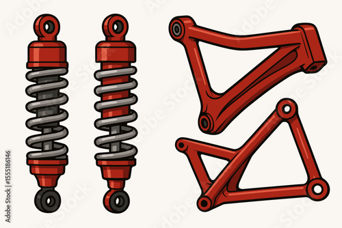 Red motorcycle shock absorbers and frame vector illustration. Suspension springs, control arms, mechanical parts. Automotive engineering, spare parts, repair, customization, transportation concept