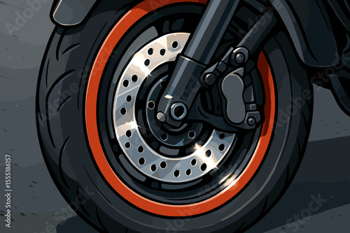 Detailed vector illustration of motorcycle front wheel with shiny ventilated disc brake, orange rim, and black tire on asphalt road. Modern motorbike part, closeup, transportation concept