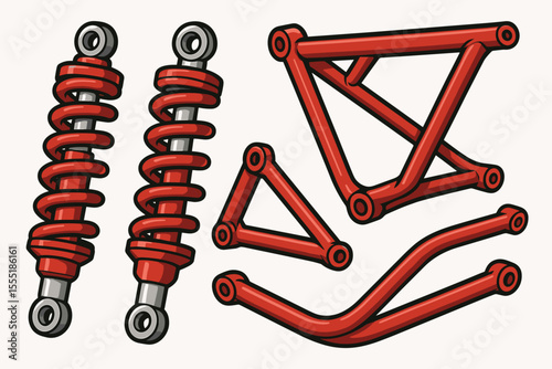 Red Motorcycle Shock Absorbers and Frame Parts Vector Illustration. Suspension Springs, Tubular Structure, Mechanical Components. Automotive Engineering, Custom Bike, Repair, Upgrade, Isolated Clipart