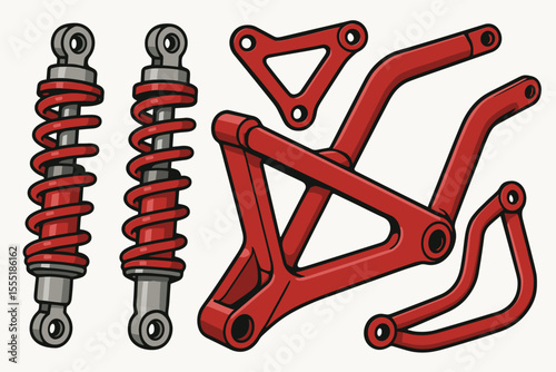 Red Motorcycle Shock Absorbers and Frame Parts Set. Vector Illustration of Suspension Springs, Chassis Components, Mechanical Engineering, Custom Bike Design, Motorbike Spare Parts, Isolated