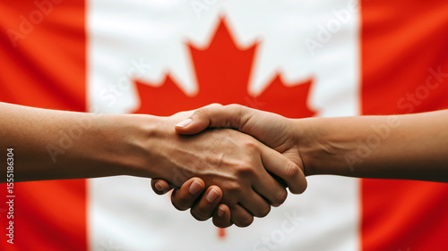 Handshake in front of a Canadian flag. Business, agreement, and unity in Canada concept. Trust and partnership in Canada.