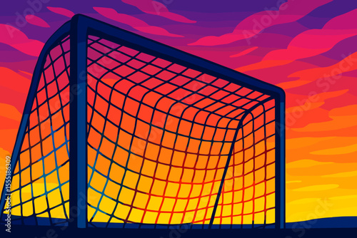 Vibrant sunset soccer goal silhouette, colorful abstract net, dramatic evening sky, vector cartoon illustration, sports field landscape, outdoor football concept, dynamic summer atmosphere