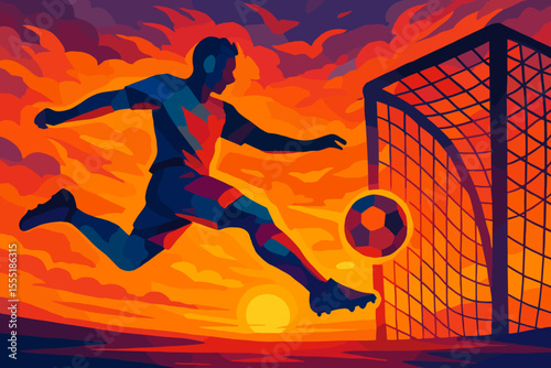 Dynamic abstract soccer player silhouette kicking ball towards goal net at vibrant sunset, energetic sports action, colorful vector illustration, outdoor football match, dramatic sky background