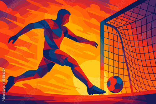 Dynamic abstract silhouette of soccer player kicking football into goal net at vibrant sunset, colorful vector illustration, energetic sports action, modern athletic background, no text