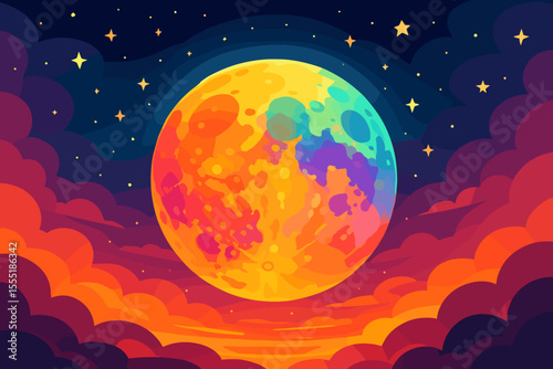 Vibrant surreal full moon with colorful craters in abstract sunset sky, glowing stars, fantasy night landscape, dreamy clouds, cosmic celestial vector illustration, magical atmosphere, no text