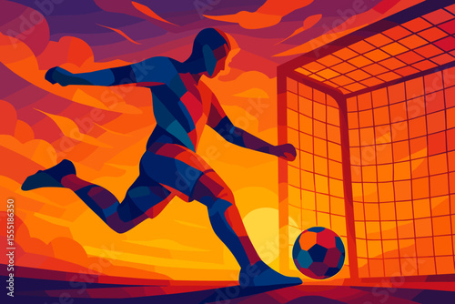 Dynamic abstract soccer player silhouette kicking ball toward goal at vibrant sunset. Colorful vector illustration. Football action, sports concept, energy, competition, dramatic sky background
