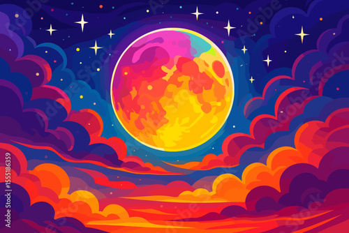 Vibrant surreal full moon in colorful abstract sunset sky, glowing stars, vivid clouds, fantasy night landscape, dreamy cartoon vector illustration, cosmic celestial background design