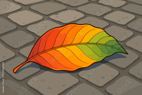 Vibrant dry mango leaf with gradient autumn colors on cobblestone street, seasonal change concept, vector cartoon illustration, nature transition, fall foliage, urban background