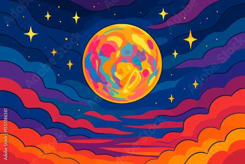 Vibrant abstract full moon with colorful clouds and glowing stars in surreal sunset night sky. Psychedelic vector illustration, dreamy cosmic landscape, fantasy celestial background, no text.