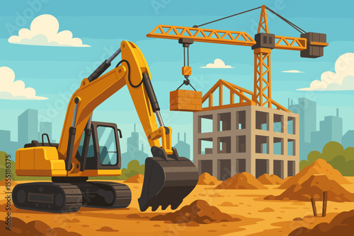 Cartoon construction site with yellow excavator, tower crane lifting bricks, unfinished building, city skyline background, earthmoving, machinery, urban development, vector illustration