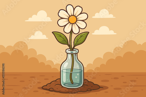 Whimsical white daisy flower sprouting from clear glass bottle on earthy ground. Cute cartoon vector illustration. Nature growth, eco concept, springtime, minimal landscape, environmental design