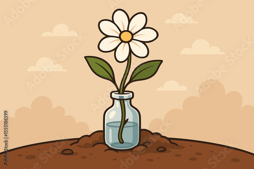 Whimsical white daisy flower sprouting from glass bottle on earthy ground, cartoon vector illustration, nature growth concept, spring floral design, eco-friendly, minimal background
