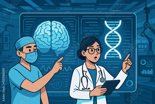 Doctors and surgeons analyzing brain scan and DNA data on futuristic digital interface in high-tech medical laboratory. Neuroscience, genetics, medical research, healthcare technology concept