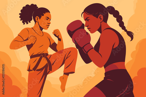Strong women martial artists and boxers training, dynamic fighting stance, karate and boxing, female empowerment, sports competition, self-defense, fitness, determination, vector illustration