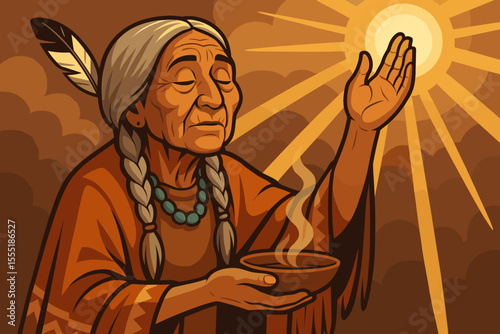 Native American elder woman with feather and braids performing traditional healing ritual, holding smudge bowl, raising hand to sun, sunlight rays, spiritual ceremony, vector illustration
