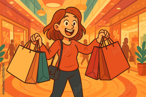 Happy woman shopper carrying multiple shopping bags in vibrant mall during Black Friday sale. Cartoon vector illustration. Retail therapy, discount shopping, holiday sales, consumerism concept