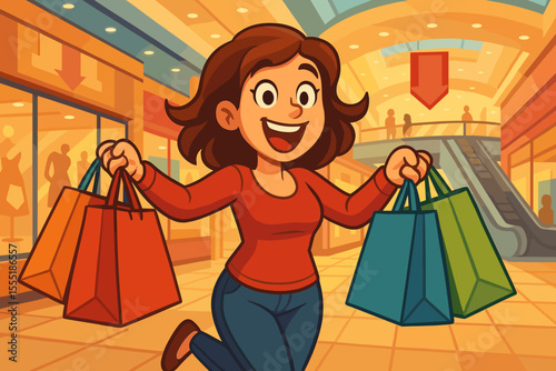 Happy woman shopping in vibrant mall, holding multiple colorful bags, joyful retail therapy, Black Friday sale, cartoon vector illustration, excitement, consumerism, modern lifestyle concept