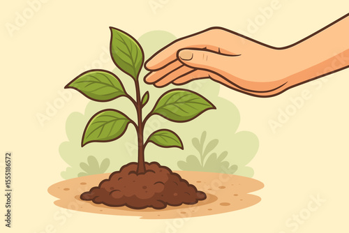 Hand Protecting Young Green Sapling in Soil, Environmental Conservation, Growth and Care Concept, Nurturing Nature, Sustainability, Ecology, Gardening, Vector Cartoon Illustration