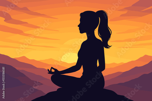 Serene female silhouette meditating in lotus pose on mountain peak at vibrant sunset, peaceful mindfulness, yoga practice, tranquility, nature landscape, wellness, relaxation, vector illustration