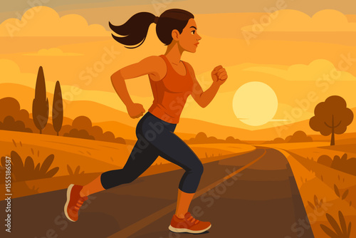 Athletic woman jogging on rural road at sunset, outdoor fitness exercise, healthy lifestyle, running workout, countryside landscape, summer evening, motivation, vector cartoon illustration