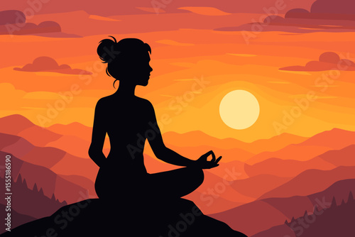 Serene female silhouette meditating in lotus pose on mountain peak at vibrant sunset, tranquil landscape, mindfulness, yoga, peaceful nature retreat, relaxation, vector illustration