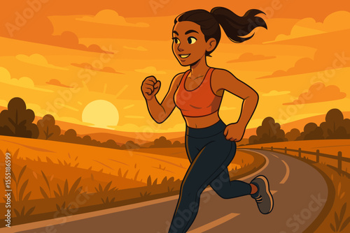 Athletic woman jogging on rural road at sunset, outdoor fitness exercise, healthy lifestyle, running workout, countryside landscape, motivation, vector cartoon illustration, wellness concept