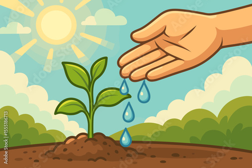 Hand nurturing young plant with water drops under bright sun, growth and care concept, cartoon vector illustration, environmental protection, gardening, sustainability, outdoor nature scene