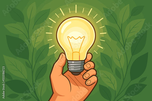 Human Hand Holding Glowing Light Bulb with Green Leaves Background, Eco Energy Concept, Sustainable Innovation, Green Power, Environmental Protection, Cartoon Vector Illustration