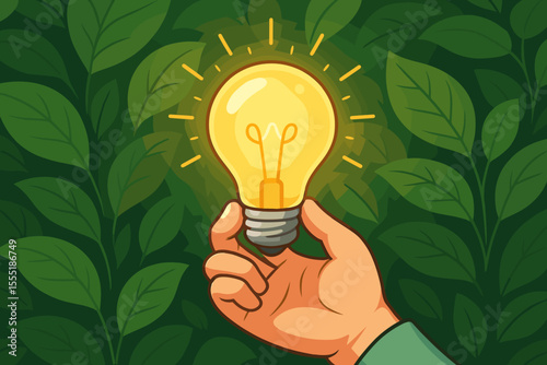 Eco innovation concept. Human hand holding glowing light bulb surrounded by green leaves. Sustainability, renewable energy, green ideas, environmental protection, clean technology, vector illustration