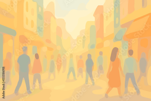 Abstract city street scene with pastel colors, blurred silhouettes of people walking, vibrant urban life, soft focus illustration, busy downtown, modern lifestyle, vector art, no text