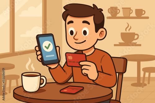 Cartoon man making online payment in coffee shop, holding credit card and smartphone with payment confirmation, digital banking, contactless transaction, secure mobile purchase, modern cafe scene