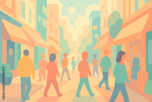 Abstract pastel city street scene with blurred faceless people walking, urban lifestyle, vibrant downtown, modern cityscape, soft colors, busy pedestrian zone, vector illustration