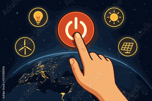 Hand Pressing Power Button Over Earth at Night with Renewable Energy Icons, Solar Panel, Wind Turbine, Light Bulb, Sun, Clean Energy Concept, Sustainable Future, Vector Illustration