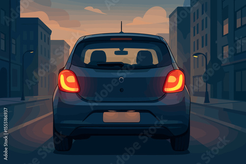 Urban city car rear view with glowing taillights at dusk, modern compact vehicle on empty downtown street, evening traffic safety, cartoon vector illustration, transportation concept