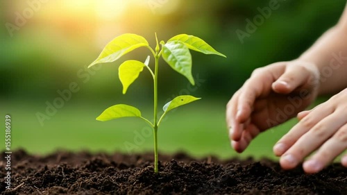 Young hands planting sprout in soil under sunlight in garden  