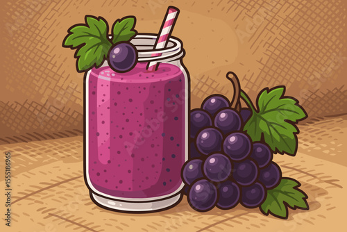 Delicious Grape Smoothie in Mason Jar with Straw and Fresh Grapes, Rustic Sackcloth Background, Healthy Fruit Drink, Cartoon Vector Illustration, Refreshing Beverage Concept, No Text