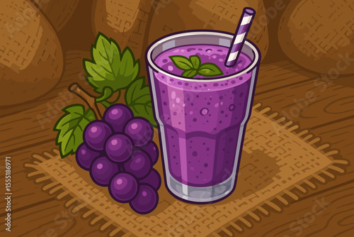 Vibrant grape smoothie in glass with straw and mint, fresh grape bunch, rustic sackcloth table, healthy fruit drink, cartoon vector illustration, natural organic beverage concept