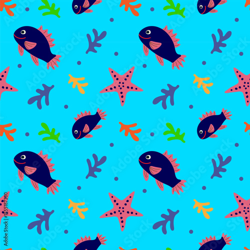 Underwater seamless pattern. Fish, coral, algae, starfish on a blue background. Vector illustration