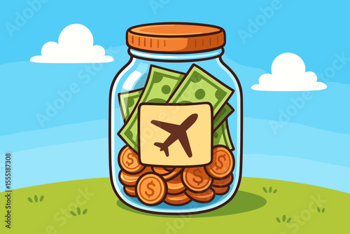 Travel savings jar full of cash and coins, airplane symbol, financial planning for vacation, future trip fund, cartoon vector illustration, outdoor sky background, budget travel concept