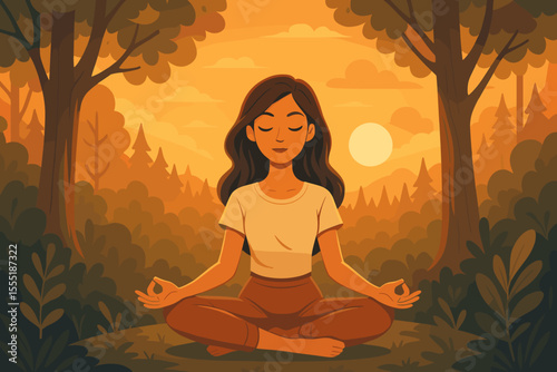 Peaceful woman practicing meditation in tranquil forest at sunset, mindfulness yoga pose, nature relaxation, calm outdoor scene, wellness lifestyle, vector cartoon illustration