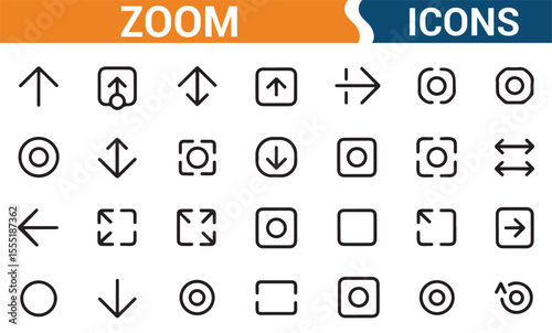 Set of zoom and resize icons for UI design, featuring symbols for enlarging, reducing, and adjusting size.