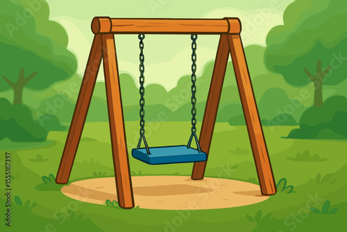 Solitary Blue Swing Hanging on Wooden Frame in Empty Green Park Playground with Blurred Trees Background, Vector Cartoon Illustration for Kids Outdoor Fun