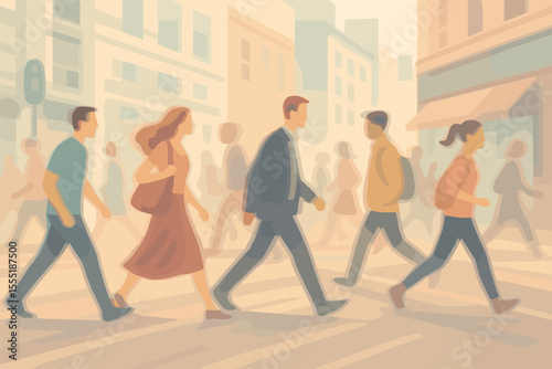 Urban pedestrians crossing street, city crowd in motion, pastel color cityscape, dynamic lifestyle, busy crosswalk, modern people walking, downtown urban life, vector illustration