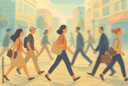 Urban pedestrians walking across city street crosswalk, dynamic crowd movement, pastel color cityscape, modern lifestyle, daily commute, vector illustration, contemporary urban life