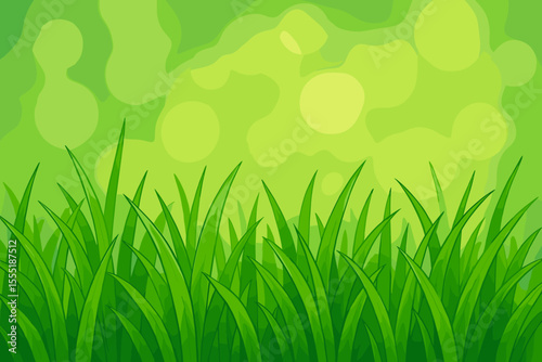 Lush Green Grass Blades with Soft Bokeh Light Background. Fresh Spring or Summer Nature Landscape. Vibrant Lawn Texture. Vector Cartoon Illustration for Garden, Park, Outdoor, Natural Design
