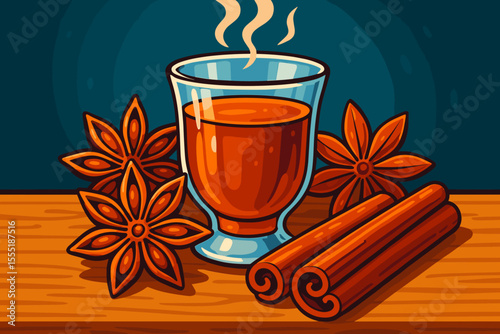 Aromatic Spiced Tea with Star Anise and Cinnamon Sticks on Wooden Table, Steaming Hot Beverage, Warm Autumn Winter Drink, Cozy Vector Cartoon Illustration, Fragrant Herbal Ingredients
